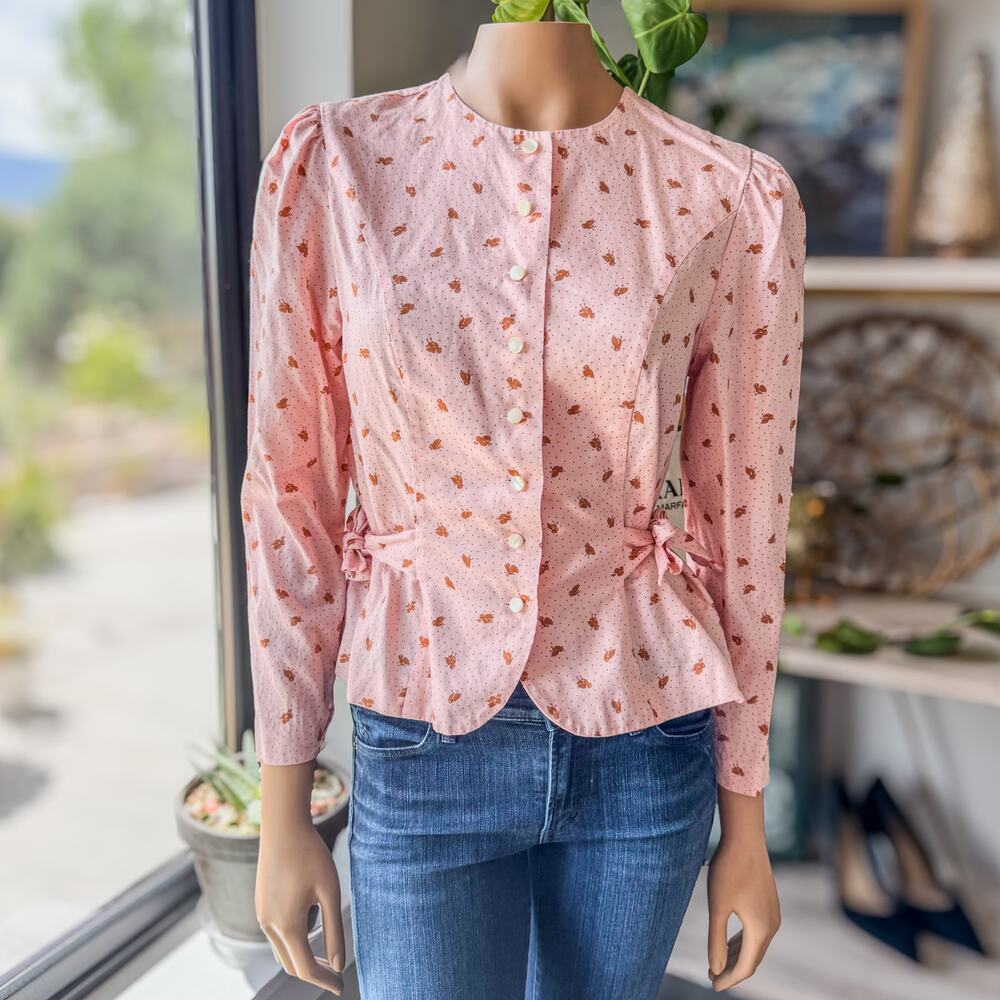 Aylesbury Tokyo Style Pink Peplum Blouse w/ Brown Polka Dots & Baby Birds, Small
